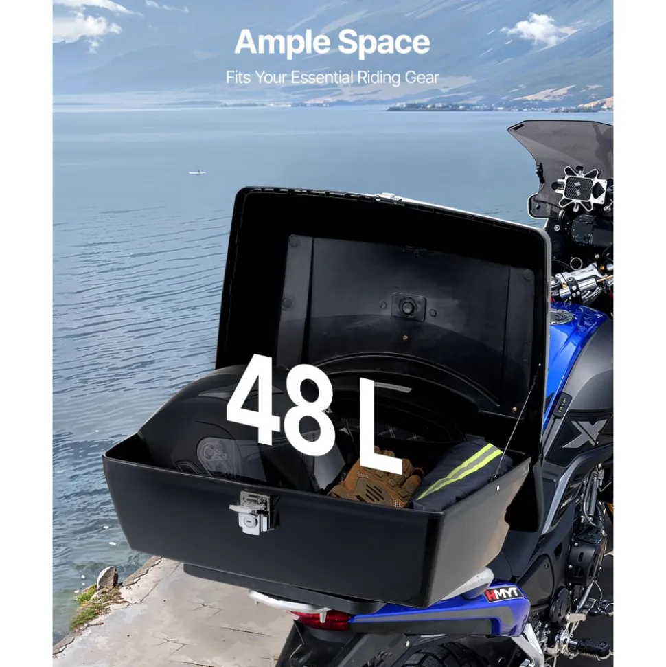 VEVOR Motorcycle Top Case, Universal Durable PP Material Motorbike Tail Box with Reflective Panel, 48L Waterproof Detachable Motorcycle Top Box with Multi-Hole Base, Fit for 99% of Motorcycle Frames