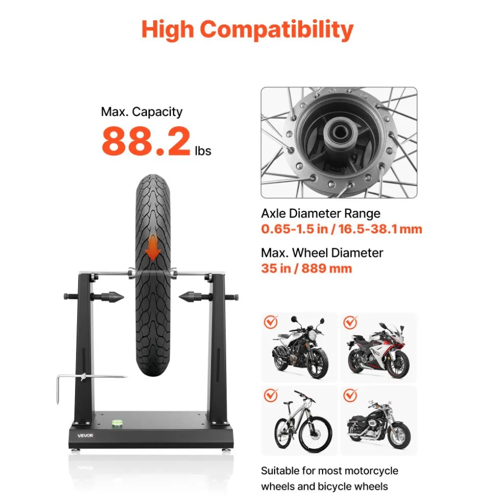 VEVOR Motorcycle Wheel Balancer, 88.2 lbs Capacity, Tire Balancer & Truing Stand with Adjustable Centering Cones and Truing Pointer, Balancing Tools for Most Motorcycles & Bicycles, 35-Inch Wheel Dia