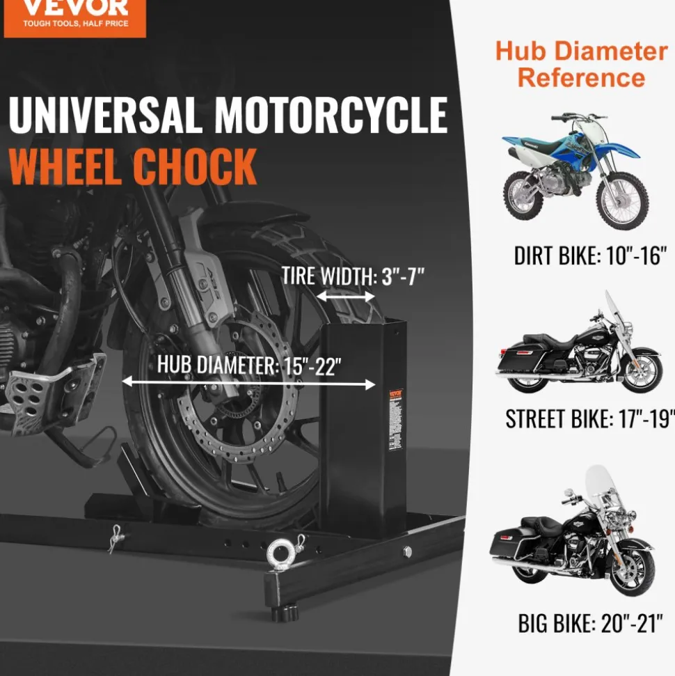 VEVOR Motorcycle Wheel Chock Upright, 1800 lbs Capacity, Heavy-duty Steel Motorcycle Front Wheel Stand with 6 Adjustable Holes, For 15"-22" Off-Road Motorcycles, Standard Motorcycles