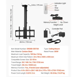 VEVOR Motorized Ceiling TV Mount, TV Wall Mount for 32 to 55 Inch TV, Electric Adjustable Ceiling TV Mount, Motorized Flip Down TV Mount Bracket with Max VESA 24 x 16 in, Fits TVs Up to 120 lbs