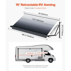 VEVOR Motorized RV Awning Complete Kit, 16' Retractable Awning with Aluminum Alloy Frame, Outdoor Trailer Awning, Fit for Most RVs(Black Fade)
