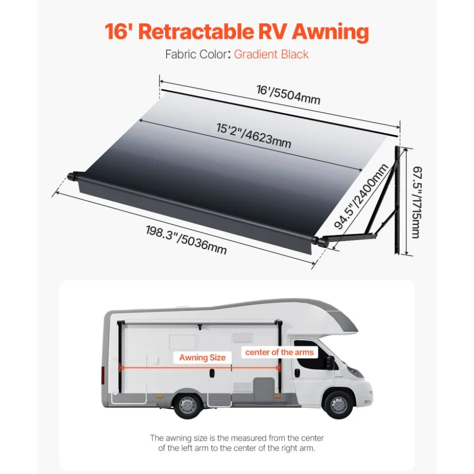 VEVOR Motorized RV Awning Complete Kit, 16' Retractable Awning with Aluminum Alloy Frame, Outdoor Trailer Awning, Fit for Most RVs(Black Fade)