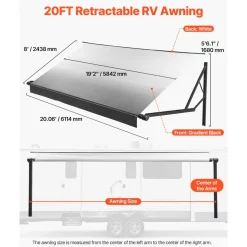VEVOR Motorized RV Awning Complete Kit, 20.06FT Electric Retractable RV Awning with Aluminum Alloy Frame & Waterproof Fabric, Outdoor Camping Trailer Awnings Fit Most RVs (20FT Type, Gradient Black)