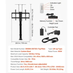 VEVOR Motorized TV Lift Stand, 120 lbs max Load Adjustable TV Lift Stand Mount Bracket, Vertical Electric TV Bracket with Remote Control, Motorized TV Stand with Max VESA 24 x 16 in, for 32-70 in TVs