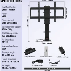 VEVOR Motorized TV Lift Stroke Length 35 Inches Motorized TV Mount Fit for 32-65 Inch TV Lift with Remote Control Height Adjustable 28.7-64.2 Inch,Load Capacity 154 Lbs
