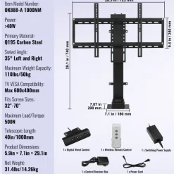 VEVOR Motorized TV Lift with Swivel, Adjustable Height 28.74-68.11 Inch for 32-70 Inch TVs, Remote Controlled, 154 Lbs Capacity, Manual Left/Right Swivel 30°