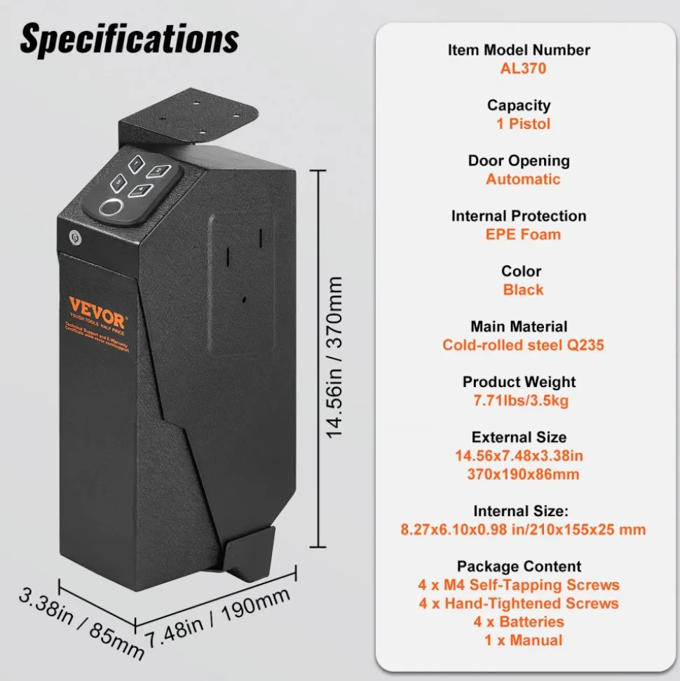 VEVOR Mounted Gun Safe for Pistols, Biometric Gun Safe with Three Quick Access Ways of Fingerprints, Passwords and Keys, Handgun Safe for 1 Pistol for Home, Bedside, Nightstand, Wall