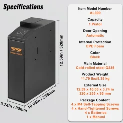 VEVOR Mounted Gun Safe for Pistols, Biometric Gun Safe with Three Quick Access Ways of Fingerprints, Passwords and Keys, Handgun Safe for 1 Pistol for Home, Bedside, Nightstand, Wall