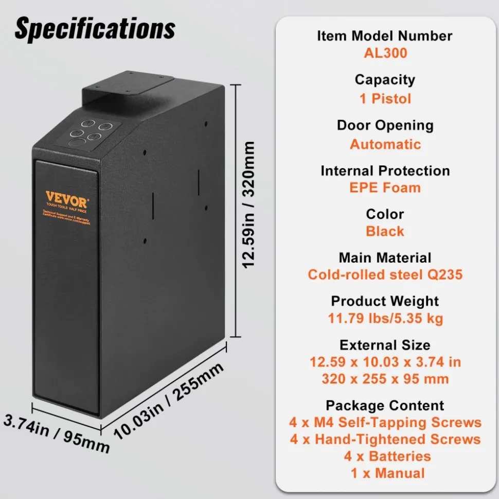 VEVOR Mounted Gun Safe for Pistols, Biometric Gun Safe with Three Quick Access Ways of Fingerprints, Passwords and Keys, Handgun Safe for 1 Pistol for Home, Bedside, Nightstand, Wall