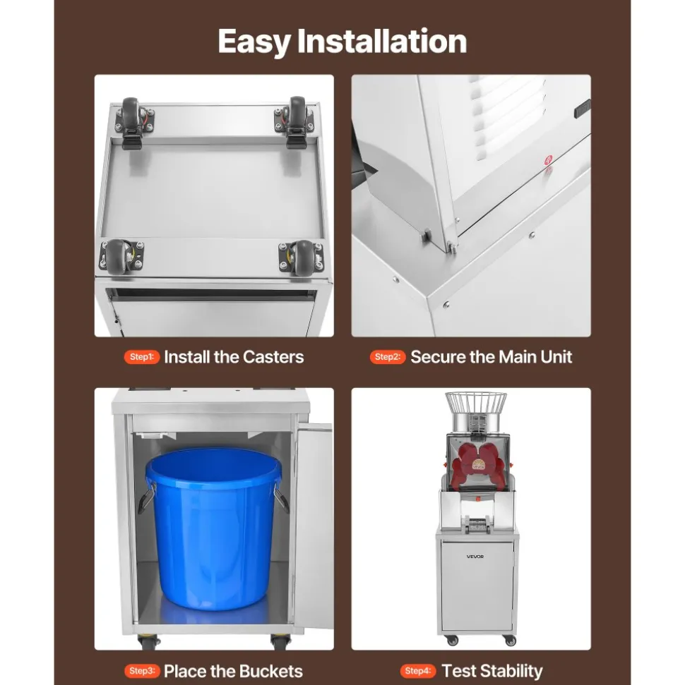 VEVOR Movable Base Cabinet for Orange Juicer, Thickened Stainless Steel Cabinet, 4 Swivel Casters, Compatible with VEVOR NS2000E-4NS2000E-4P Fully Automatic Feed Orange Juicer, Easy Installation