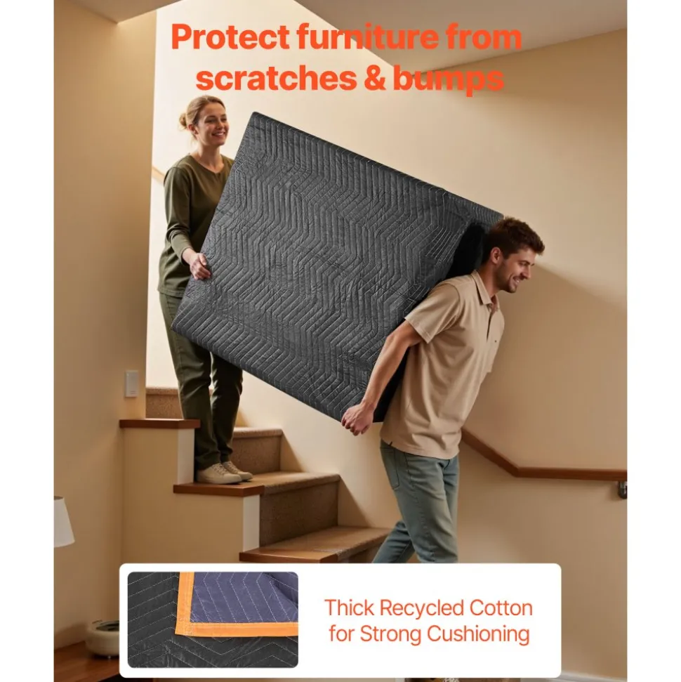 VEVOR Moving Blankets 6 Pcs, 80 x 72 in (35 lbs/dz) Large Packing Blankets with Cotton Filling, Heavy Duty Nonwoven Fabric Padded Moving Blanket for Shipping, Wrapping, Protecting Furniture