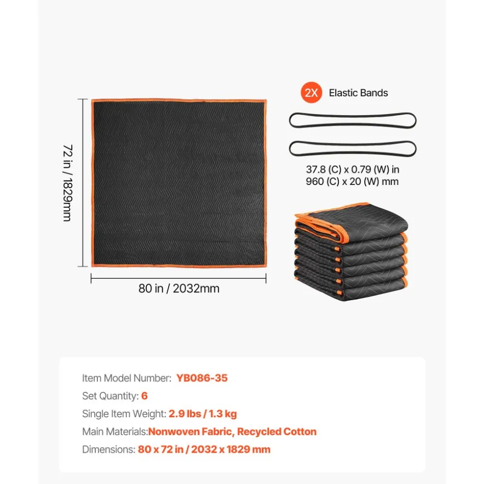 VEVOR Moving Blankets 6 Pcs, 80 x 72 in (35 lbs/dz) Large Packing Blankets with Cotton Filling, Heavy Duty Nonwoven Fabric Padded Moving Blanket for Shipping, Wrapping, Protecting Furniture