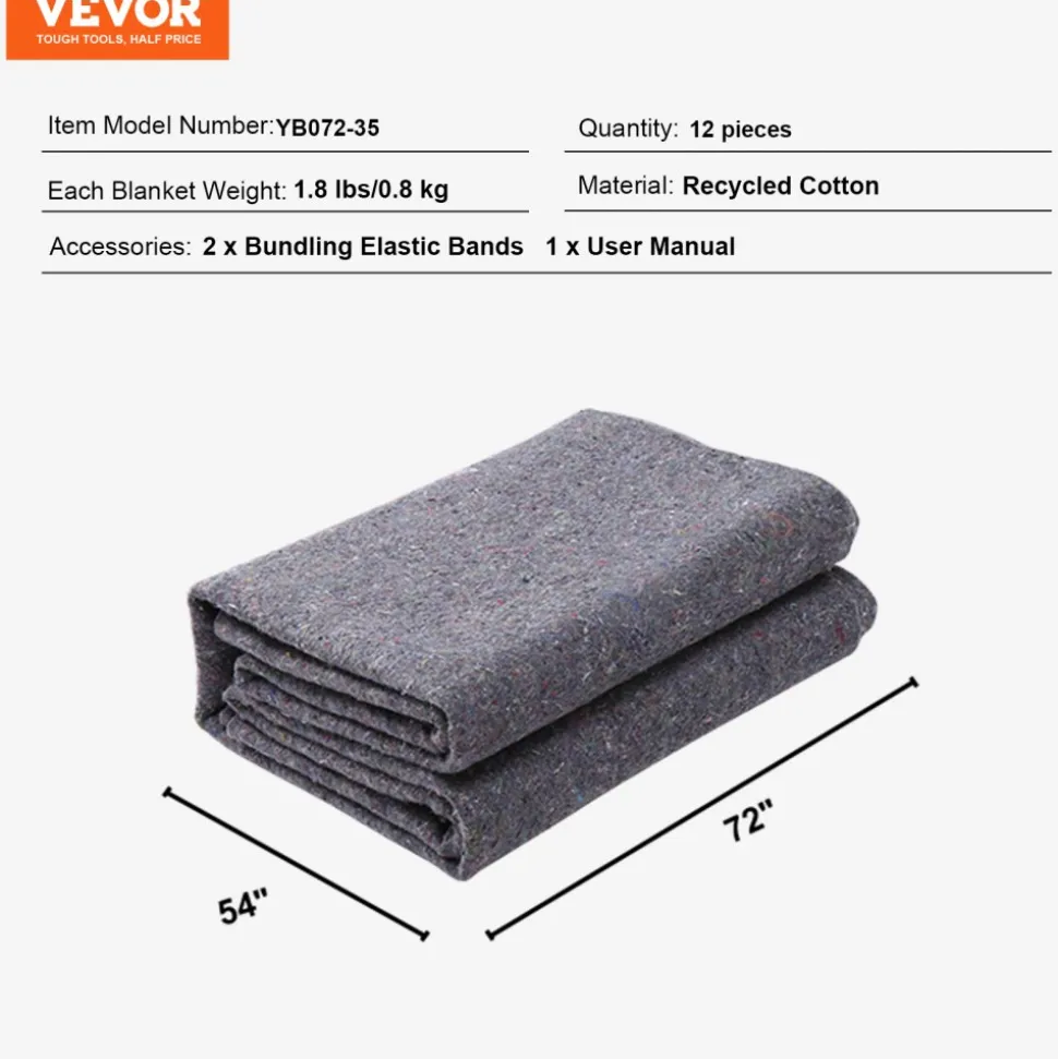 VEVOR Moving Blankets, 72" x 54", 21 lbs/dz Weight, 12 Packs, Professional Recycled Cotton Packing Blanket, Large Heavy Duty Shipping Mover Pads Perfect for Protecting Furniture, Floors, Appliances