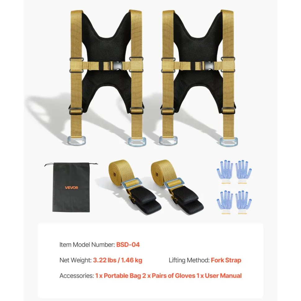 VEVOR Moving Straps, Supports up to 1000 lbs, 2-Person Lifting and Moving System with 2 Harness Straps & 2 Load-bearing Straps, Adjustable Lifting Shoulder Straps Move Furniture Appliances Mattresses