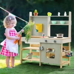 VEVOR Mud Kitchen for Kids, Wooden Toy Play Kitchen Set, Outdoor Toddler Grocery Store Playset, Pretend Play Kitchen with Stoves, Tank, Faucet, Storage Bag, Metal Baskets, and Cookware Pots
