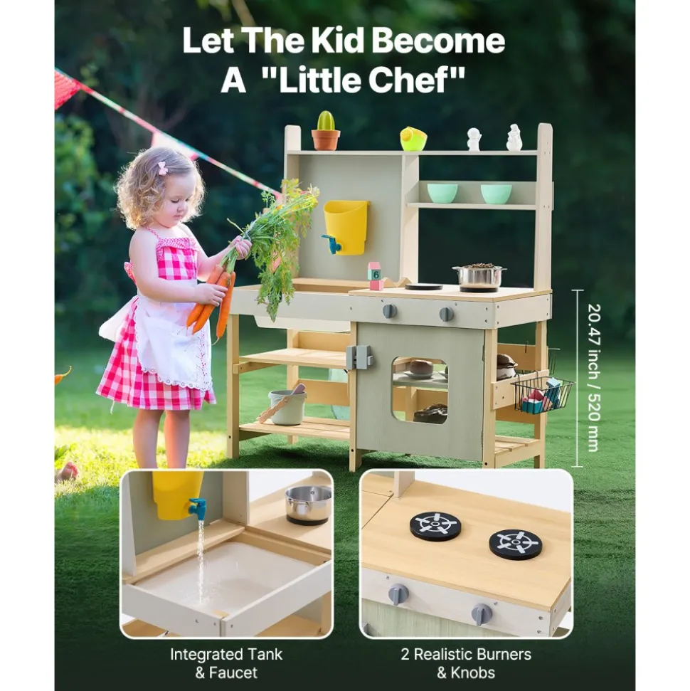 VEVOR Mud Kitchen for Kids, Wooden Toy Play Kitchen Set, Outdoor Toddler Grocery Store Playset, Pretend Play Kitchen with Stoves, Tank, Faucet, Storage Bag, Metal Baskets, and Cookware Pots