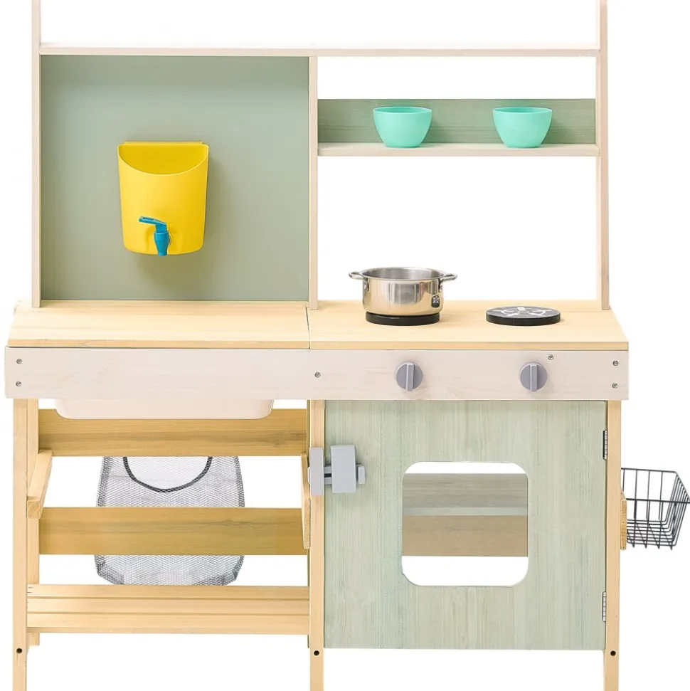 VEVOR Mud Kitchen for Kids, Wooden Toy Play Kitchen Set, Outdoor Toddler Grocery Store Playset, Pretend Play Kitchen with Stoves, Tank, Faucet, Storage Bag, Metal Baskets, and Cookware Pots