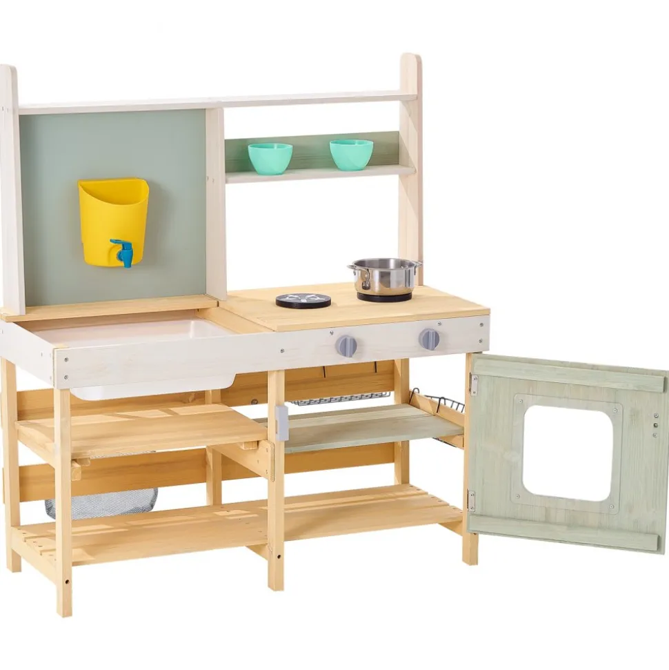 VEVOR Mud Kitchen for Kids, Wooden Toy Play Kitchen Set, Outdoor Toddler Grocery Store Playset, Pretend Play Kitchen with Stoves, Tank, Faucet, Storage Bag, Metal Baskets, and Cookware Pots