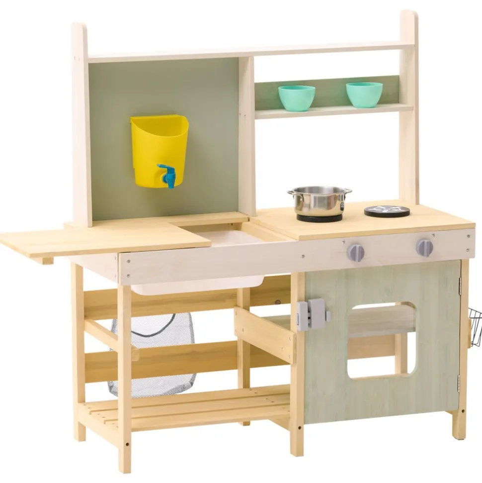 VEVOR Mud Kitchen for Kids, Wooden Toy Play Kitchen Set, Outdoor Toddler Grocery Store Playset, Pretend Play Kitchen with Stoves, Tank, Faucet, Storage Bag, Metal Baskets, and Cookware Pots