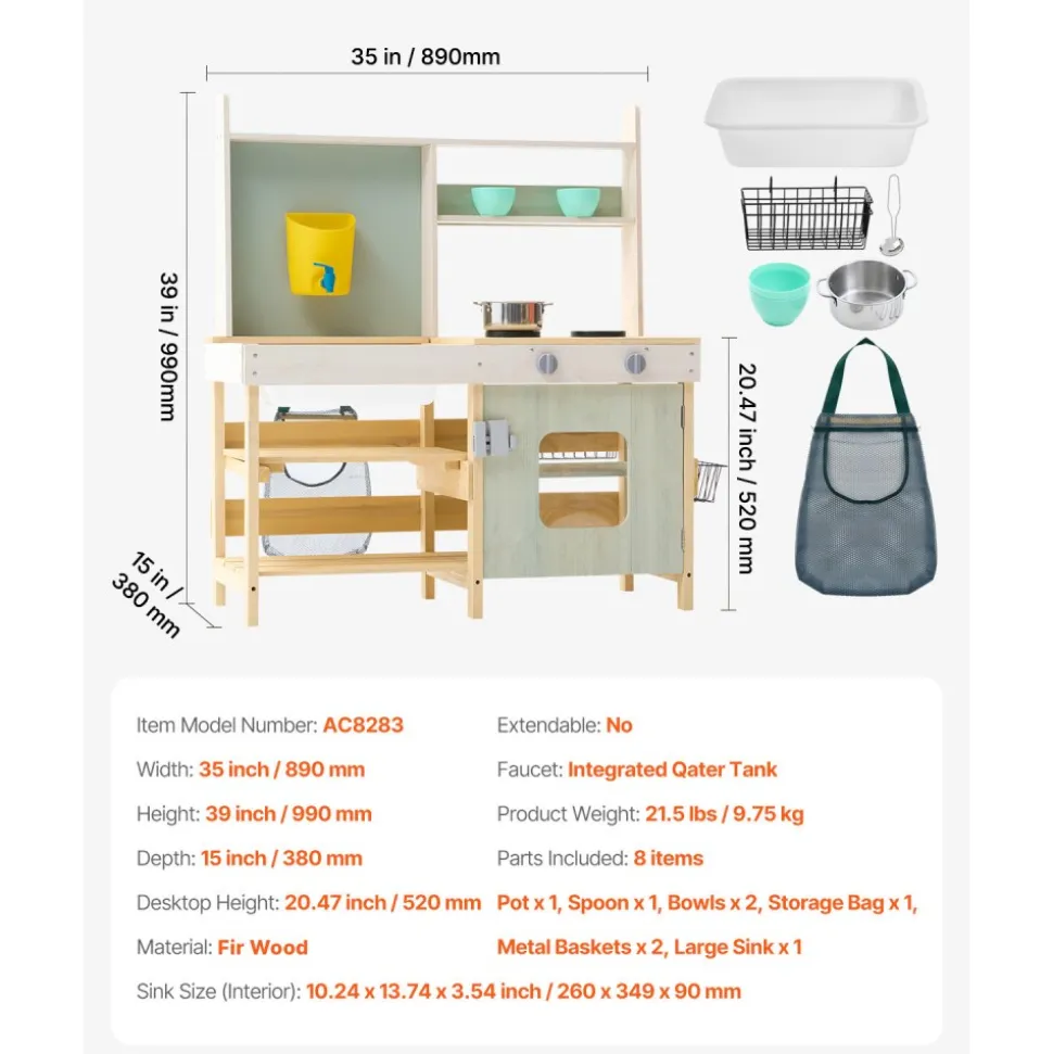 VEVOR Mud Kitchen for Kids, Wooden Toy Play Kitchen Set, Outdoor Toddler Grocery Store Playset, Pretend Play Kitchen with Stoves, Tank, Faucet, Storage Bag, Metal Baskets, and Cookware Pots