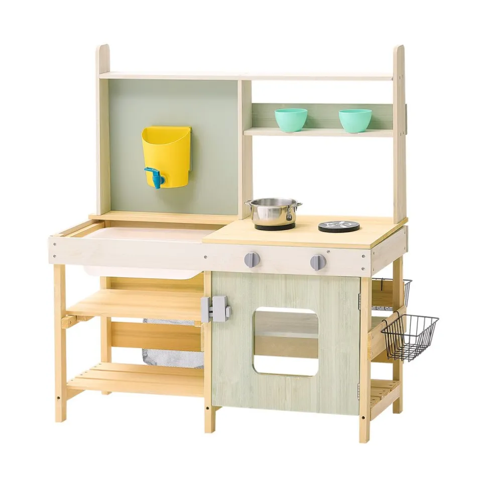 VEVOR Mud Kitchen for Kids, Wooden Toy Play Kitchen Set, Outdoor Toddler Grocery Store Playset, Pretend Play Kitchen with Stoves, Tank, Faucet, Storage Bag, Metal Baskets, and Cookware Pots