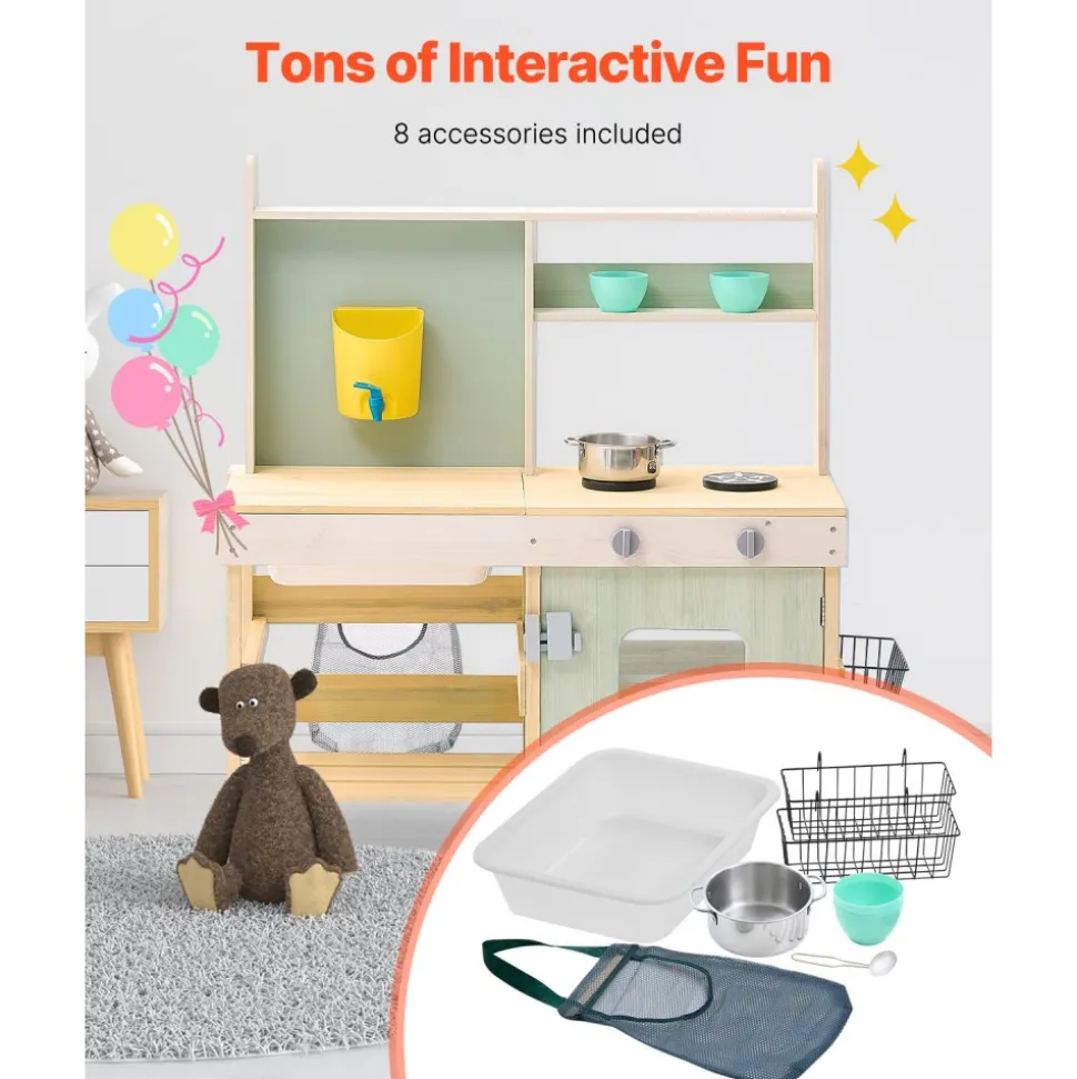 VEVOR Mud Kitchen for Kids, Wooden Toy Play Kitchen Set, Outdoor Toddler Grocery Store Playset, Pretend Play Kitchen with Stoves, Tank, Faucet, Storage Bag, Metal Baskets, and Cookware Pots