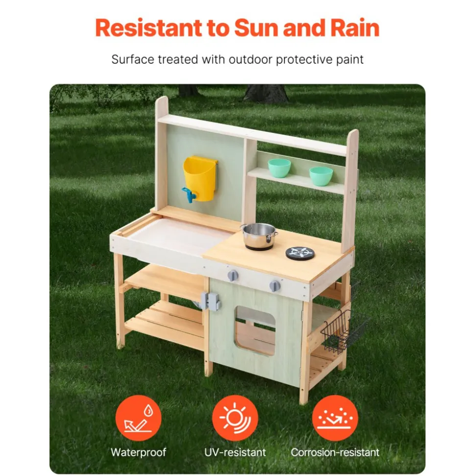 VEVOR Mud Kitchen for Kids, Wooden Toy Play Kitchen Set, Outdoor Toddler Grocery Store Playset, Pretend Play Kitchen with Stoves, Tank, Faucet, Storage Bag, Metal Baskets, and Cookware Pots