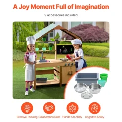 VEVOR Mud Kitchen for Kids, Wooden Toy Play Kitchen Set with Accessories, Outdoor Toddler Grocery Store Playset, Pretend Play Kitchen with Stoves, Planter Boxes, Sink, Faucet, Blackboard, Cookware Pot