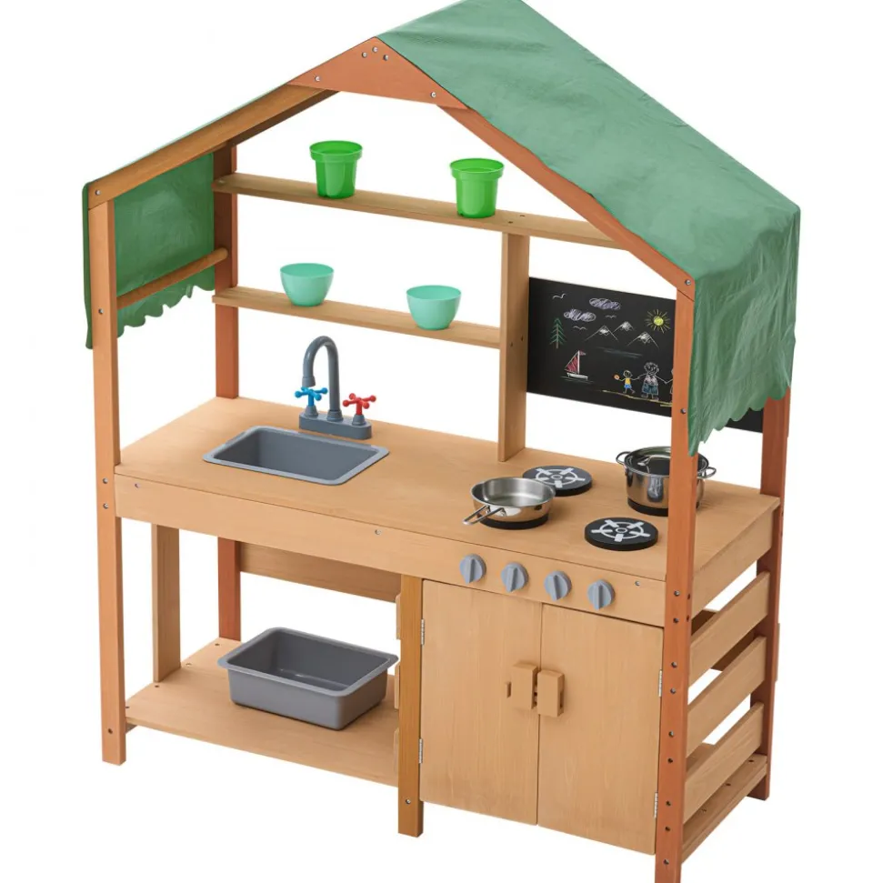 VEVOR Mud Kitchen for Kids, Wooden Toy Play Kitchen Set with Accessories, Outdoor Toddler Grocery Store Playset, Pretend Play Kitchen with Stoves, Planter Boxes, Sink, Faucet, Blackboard, Cookware Pot