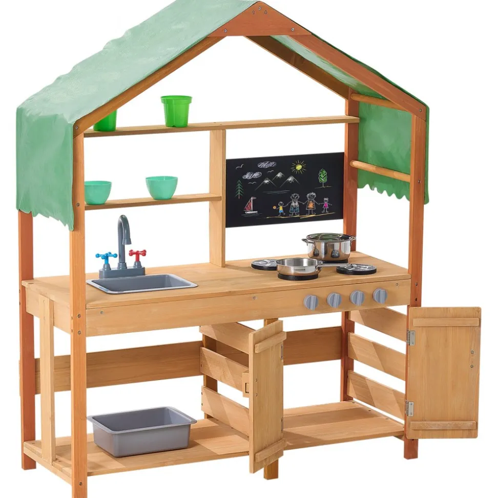 VEVOR Mud Kitchen for Kids, Wooden Toy Play Kitchen Set with Accessories, Outdoor Toddler Grocery Store Playset, Pretend Play Kitchen with Stoves, Planter Boxes, Sink, Faucet, Blackboard, Cookware Pot