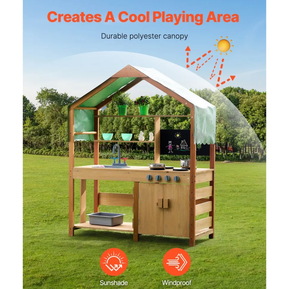 VEVOR Mud Kitchen for Kids, Wooden Toy Play Kitchen Set with Accessories, Outdoor Toddler Grocery Store Playset, Pretend Play Kitchen with Stoves, Planter Boxes, Sink, Faucet, Blackboard, Cookware Pot
