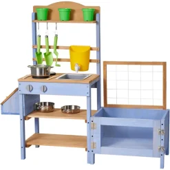 VEVOR Mud Kitchen, Outdoor Mud Kitchen for Kids, Wood Outdoor Play Kitchens with Planting Box, Critter Catcher Container, Tank, Sink, Cookware Pots and Accessories, Wooden Play Kitchens for Lawn, Yard