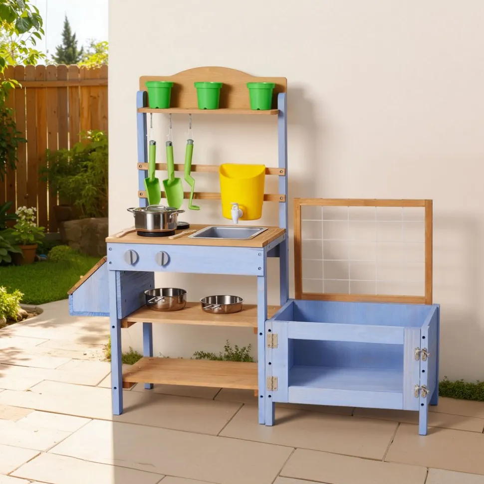 VEVOR Mud Kitchen, Outdoor Mud Kitchen for Kids, Wood Outdoor Play Kitchens with Planting Box, Critter Catcher Container, Tank, Sink, Cookware Pots and Accessories, Wooden Play Kitchens for Lawn, Yard