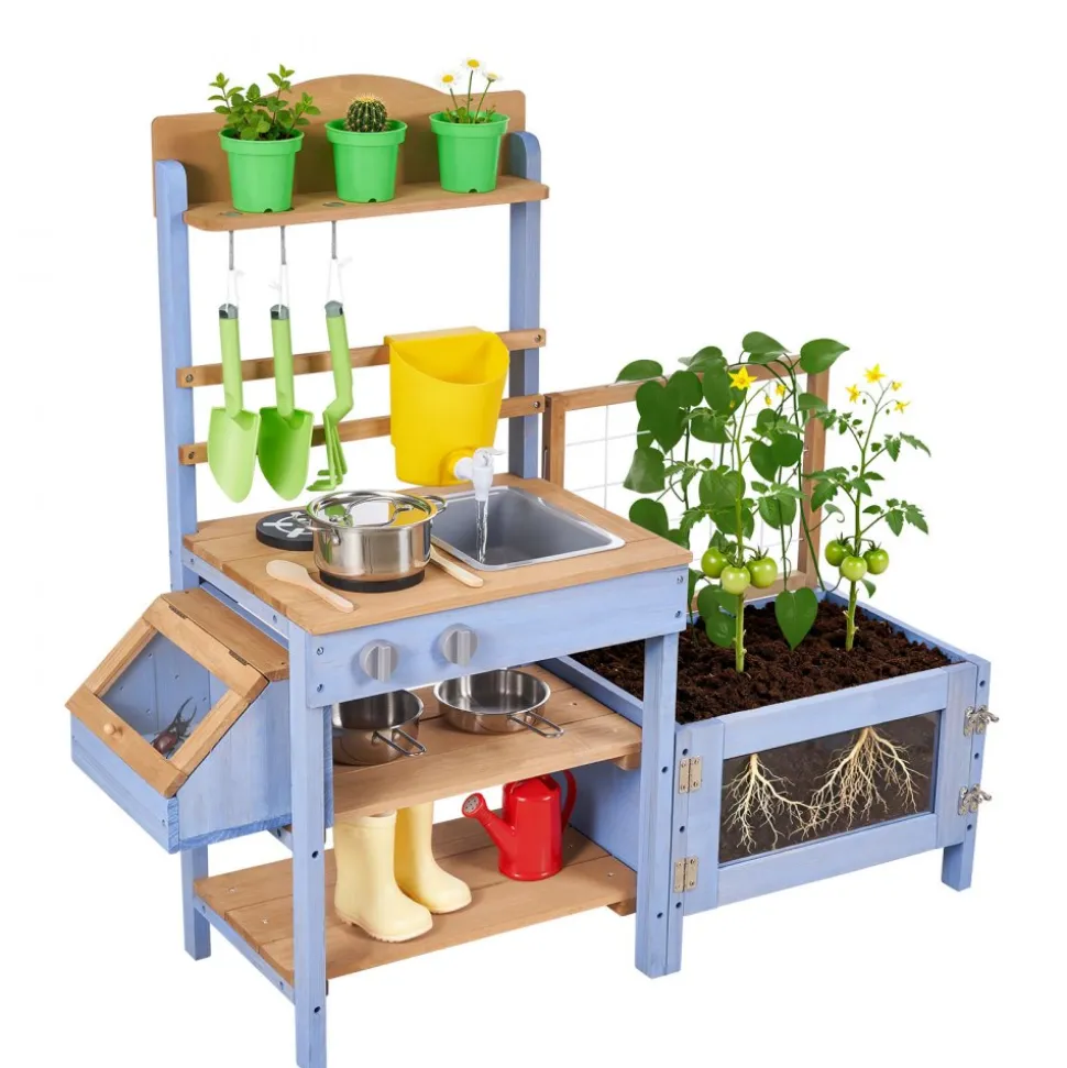 VEVOR Mud Kitchen, Outdoor Mud Kitchen for Kids, Wood Outdoor Play Kitchens with Planting Box, Critter Catcher Container, Tank, Sink, Cookware Pots and Accessories, Wooden Play Kitchens for Lawn, Yard