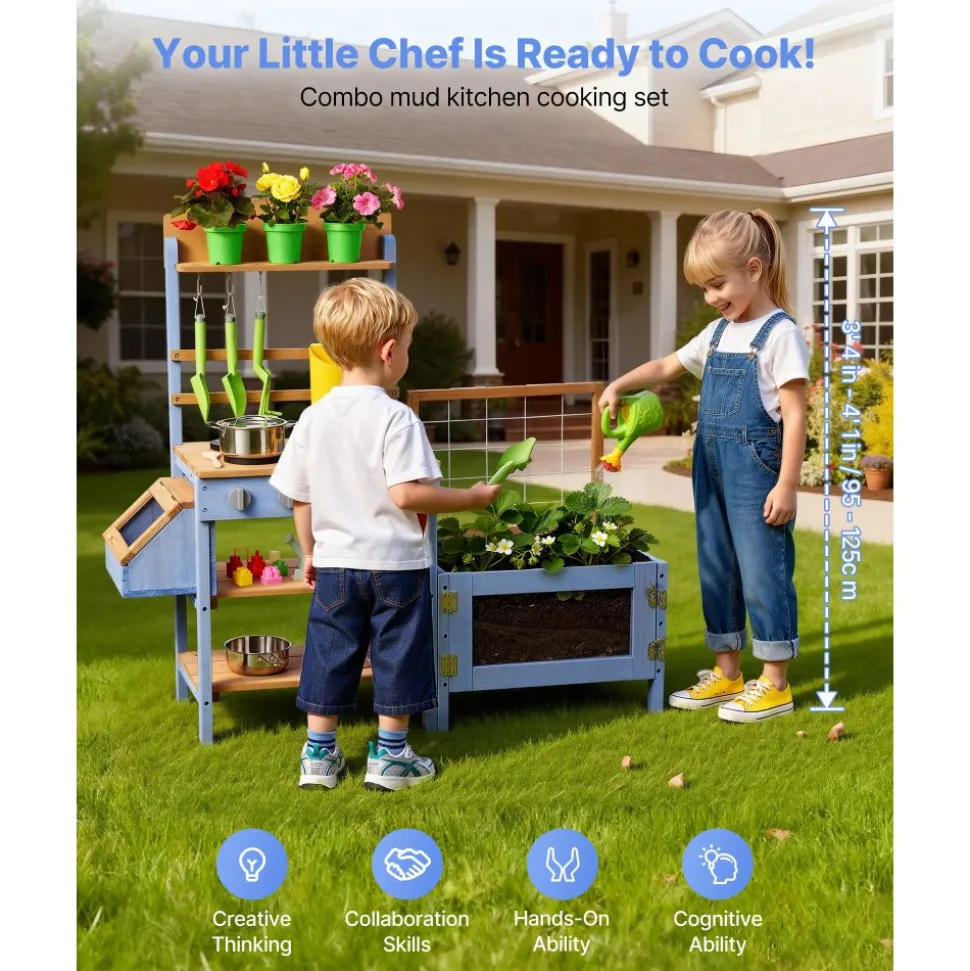 VEVOR Mud Kitchen, Outdoor Mud Kitchen for Kids, Wood Outdoor Play Kitchens with Planting Box, Critter Catcher Container, Tank, Sink, Cookware Pots and Accessories, Wooden Play Kitchens for Lawn, Yard