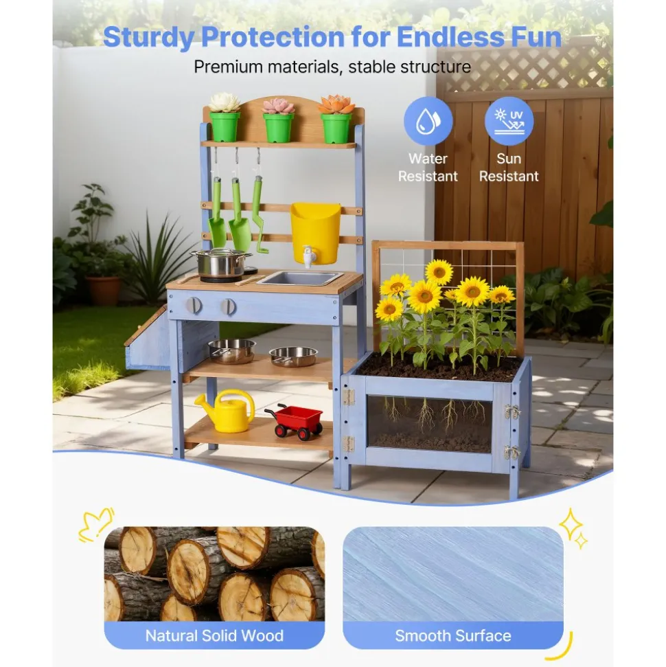 VEVOR Mud Kitchen, Outdoor Mud Kitchen for Kids, Wood Outdoor Play Kitchens with Planting Box, Critter Catcher Container, Tank, Sink, Cookware Pots and Accessories, Wooden Play Kitchens for Lawn, Yard