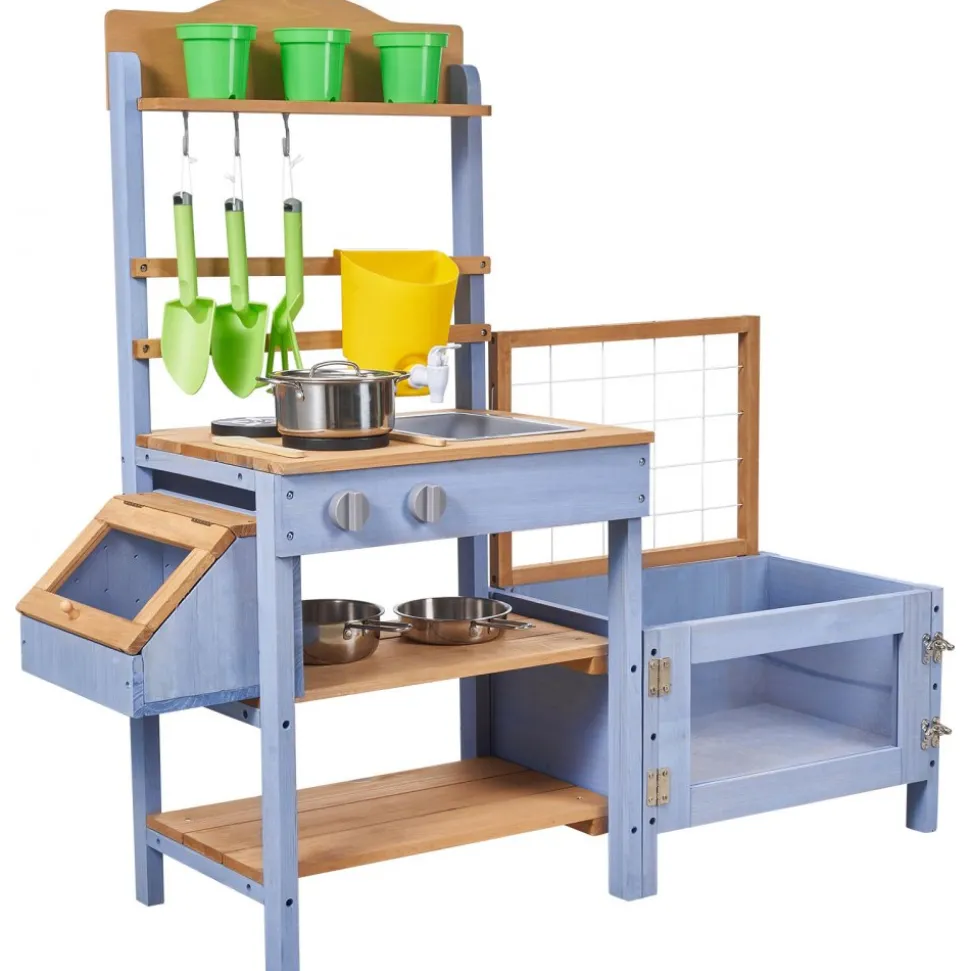 VEVOR Mud Kitchen, Outdoor Mud Kitchen for Kids, Wood Outdoor Play Kitchens with Planting Box, Critter Catcher Container, Tank, Sink, Cookware Pots and Accessories, Wooden Play Kitchens for Lawn, Yard