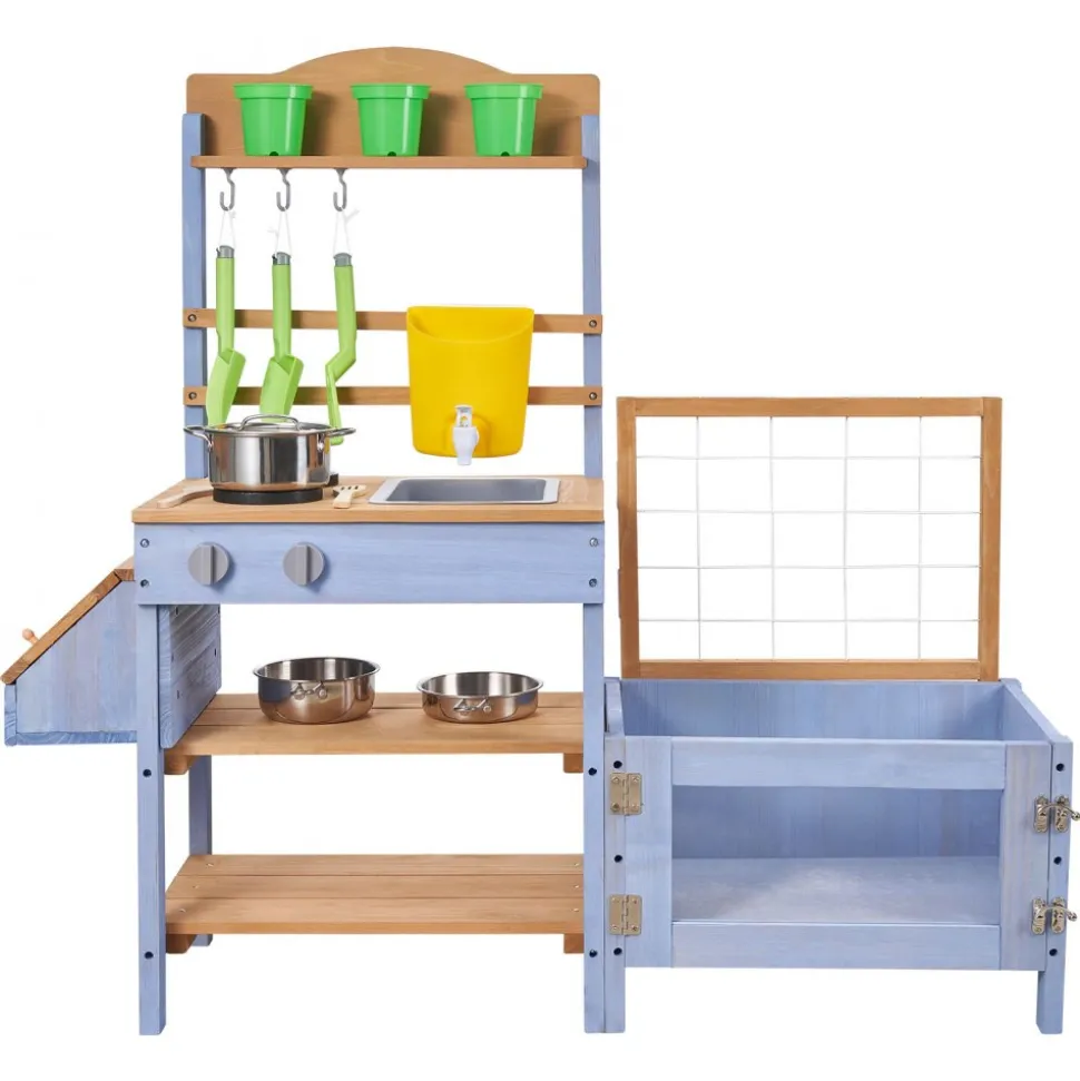 VEVOR Mud Kitchen, Outdoor Mud Kitchen for Kids, Wood Outdoor Play Kitchens with Planting Box, Critter Catcher Container, Tank, Sink, Cookware Pots and Accessories, Wooden Play Kitchens for Lawn, Yard