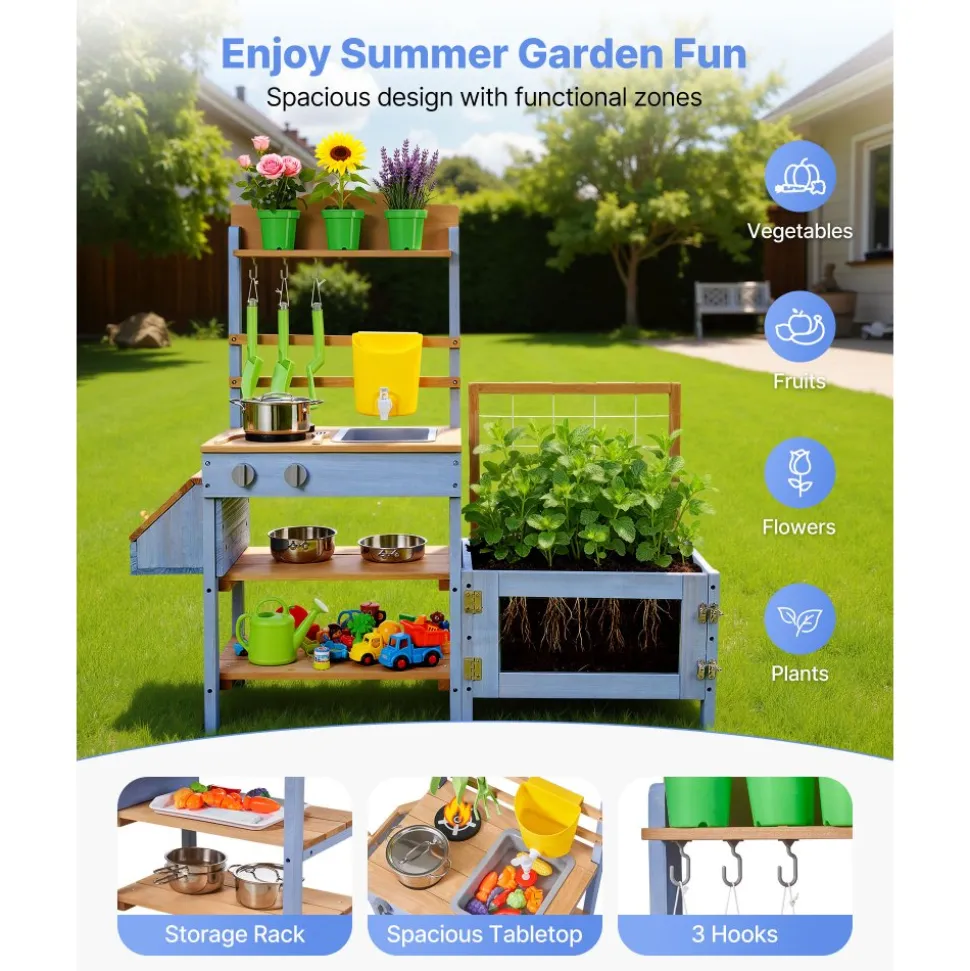 VEVOR Mud Kitchen, Outdoor Mud Kitchen for Kids, Wood Outdoor Play Kitchens with Planting Box, Critter Catcher Container, Tank, Sink, Cookware Pots and Accessories, Wooden Play Kitchens for Lawn, Yard