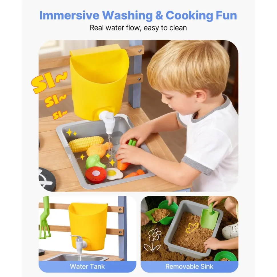 VEVOR Mud Kitchen, Outdoor Mud Kitchen for Kids, Wood Outdoor Play Kitchens with Planting Box, Critter Catcher Container, Tank, Sink, Cookware Pots and Accessories, Wooden Play Kitchens for Lawn, Yard