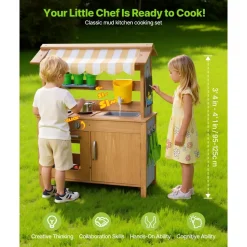 VEVOR Mud Kitchen, Outdoor Mud Kitchen for Kids, Wood Outdoor Play Kitchens with Spoons, Sink, Tank, Sunshade Canopy, Shovels, Cookware Pots and Accessories, Wooden Play Kitchens for Home, Lawn