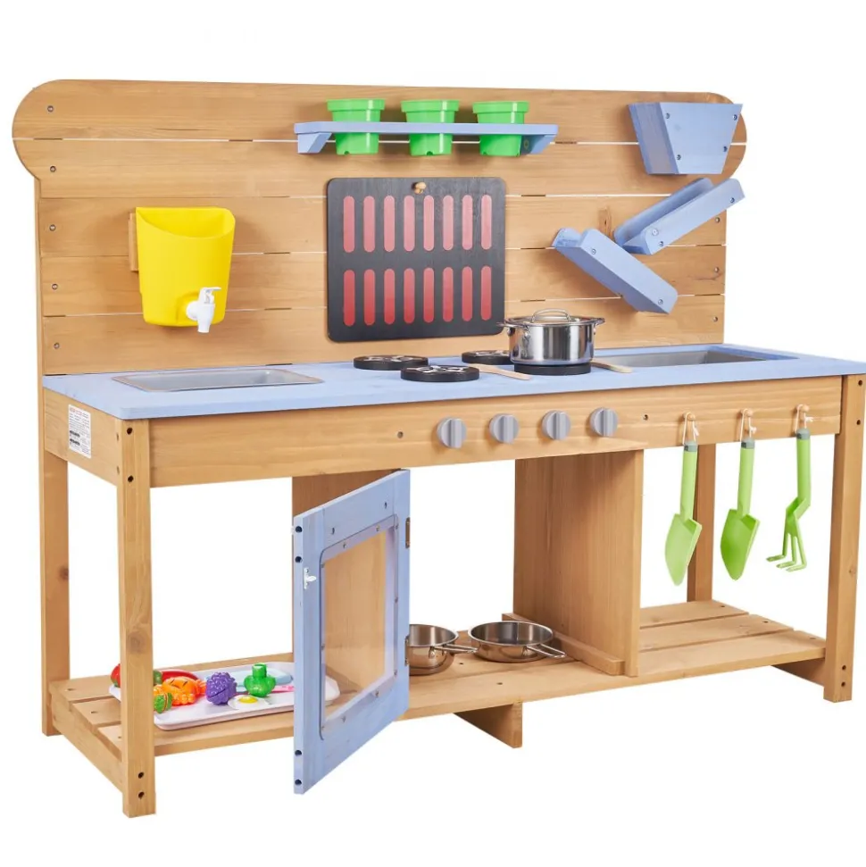 VEVOR Mud Kitchen, Outdoor Mud Kitchen for Kids, Wood Outdoor Play Kitchens with Stoves, Hooks, Double Sinks, Planting Shovels, Spatulas, Cookware Pots and Accessories, Play with Water and Sand