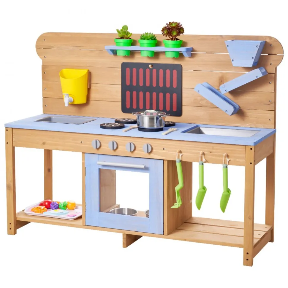 VEVOR Mud Kitchen, Outdoor Mud Kitchen for Kids, Wood Outdoor Play Kitchens with Stoves, Hooks, Double Sinks, Planting Shovels, Spatulas, Cookware Pots and Accessories, Play with Water and Sand