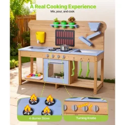 VEVOR Mud Kitchen, Outdoor Mud Kitchen for Kids, Wood Outdoor Play Kitchens with Stoves, Hooks, Double Sinks, Planting Shovels, Spatulas, Cookware Pots and Accessories, Play with Water and Sand