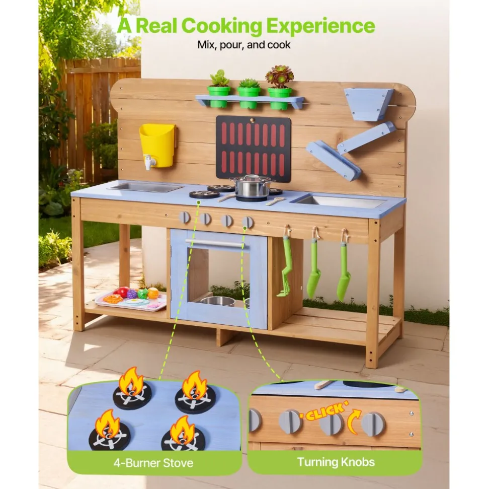 VEVOR Mud Kitchen, Outdoor Mud Kitchen for Kids, Wood Outdoor Play Kitchens with Stoves, Hooks, Double Sinks, Planting Shovels, Spatulas, Cookware Pots and Accessories, Play with Water and Sand