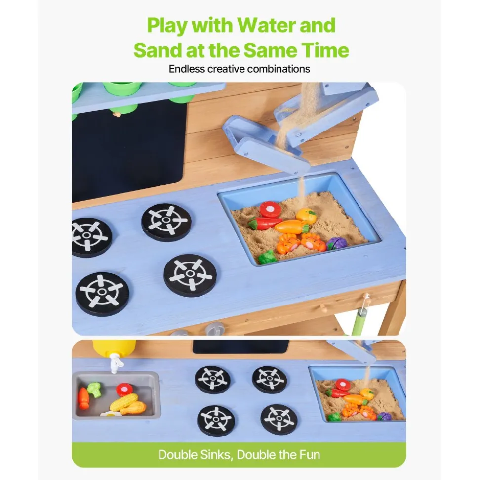 VEVOR Mud Kitchen, Outdoor Mud Kitchen for Kids, Wood Outdoor Play Kitchens with Stoves, Hooks, Double Sinks, Planting Shovels, Spatulas, Cookware Pots and Accessories, Play with Water and Sand