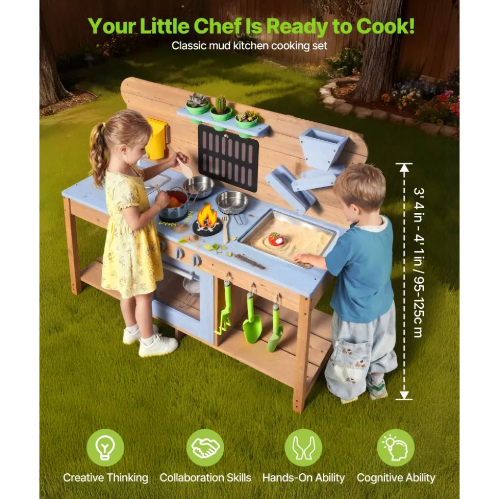 VEVOR Mud Kitchen, Outdoor Mud Kitchen for Kids, Wood Outdoor Play Kitchens with Stoves, Hooks, Double Sinks, Planting Shovels, Spatulas, Cookware Pots and Accessories, Play with Water and Sand