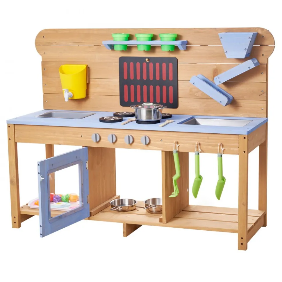 VEVOR Mud Kitchen, Outdoor Mud Kitchen for Kids, Wood Outdoor Play Kitchens with Stoves, Hooks, Double Sinks, Planting Shovels, Spatulas, Cookware Pots and Accessories, Play with Water and Sand
