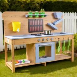 VEVOR Mud Kitchen, Outdoor Mud Kitchen for Kids, Wood Outdoor Play Kitchens with Stoves, Hooks, Double Sinks, Planting Shovels, Spatulas, Cookware Pots and Accessories, Play with Water and Sand