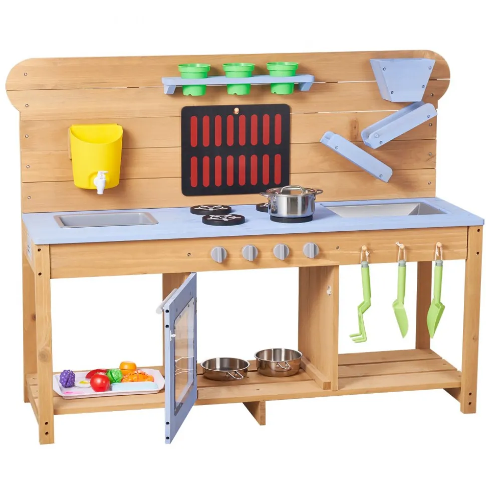 VEVOR Mud Kitchen, Outdoor Mud Kitchen for Kids, Wood Outdoor Play Kitchens with Stoves, Hooks, Double Sinks, Planting Shovels, Spatulas, Cookware Pots and Accessories, Play with Water and Sand